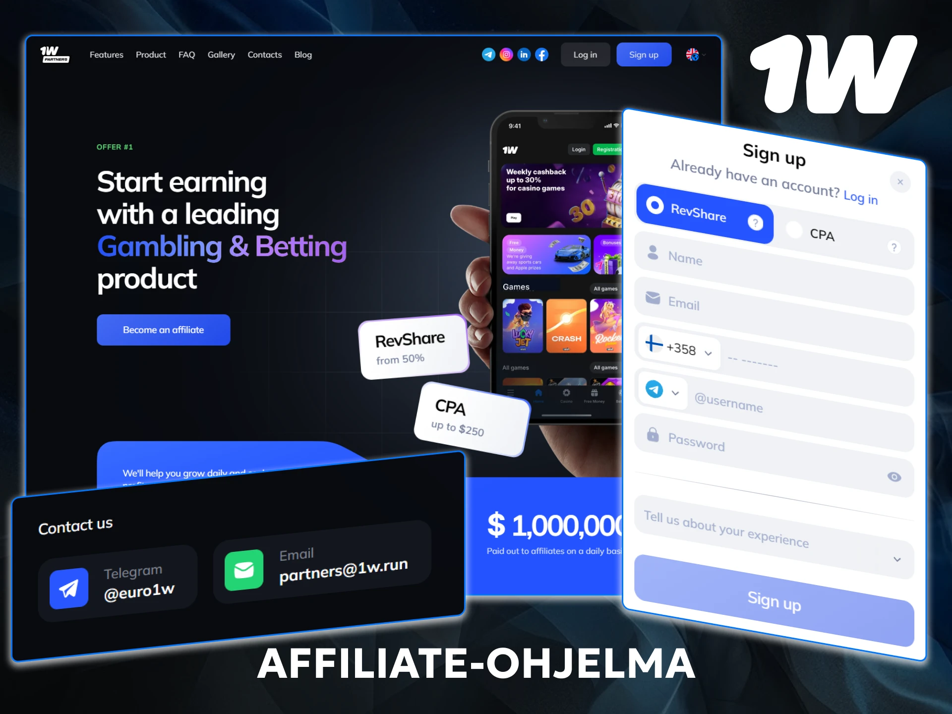 Ryhdy kumppaniksi ja ansaitse komissioita liittymällä 1w Affiliate-ohjelma -verkostoon.
