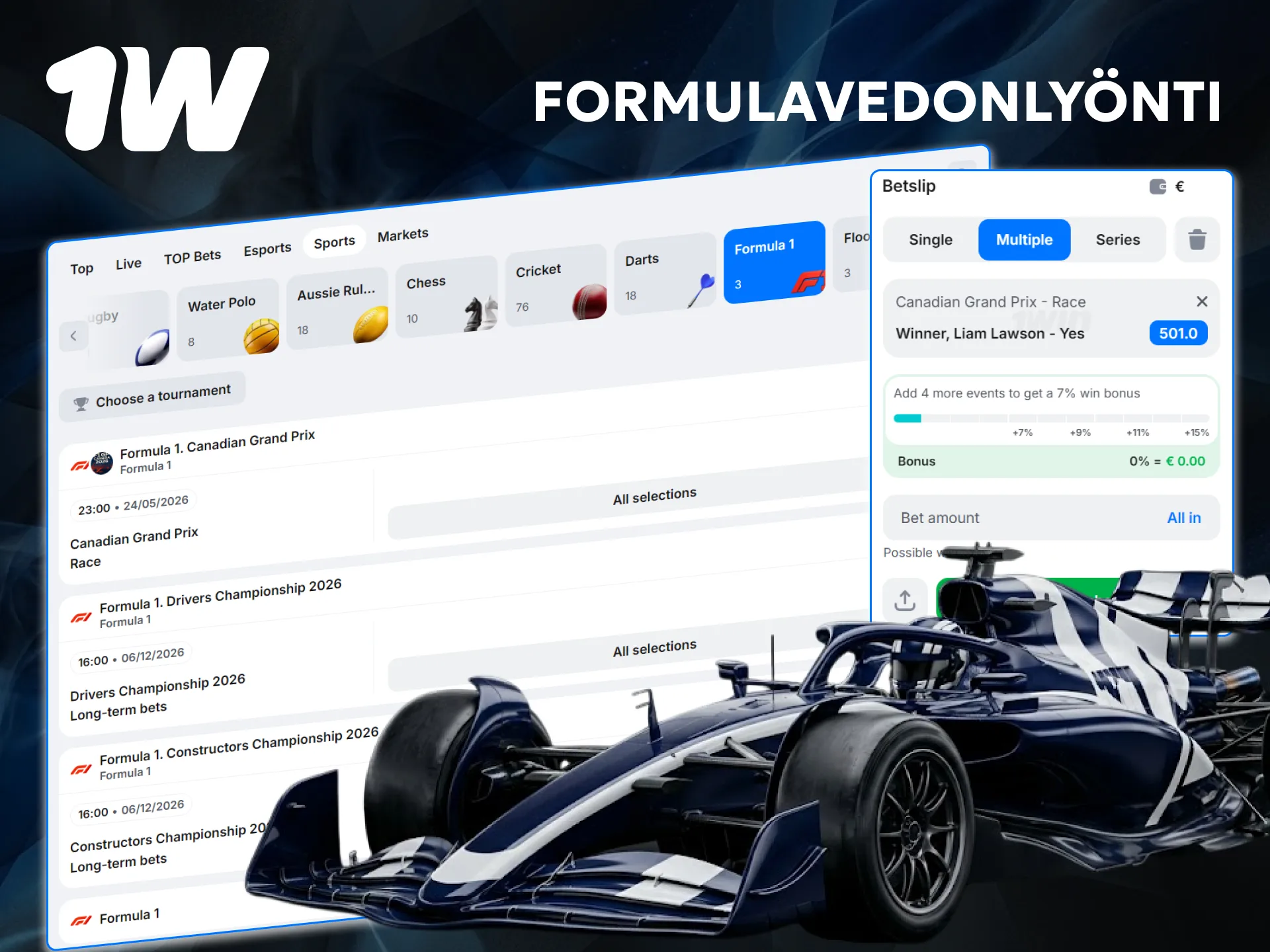 Koe vauhdin huuma ja tee Formulavedonlyönti 1w:illä jokaisessa Grand Prix -viikonlopussa.