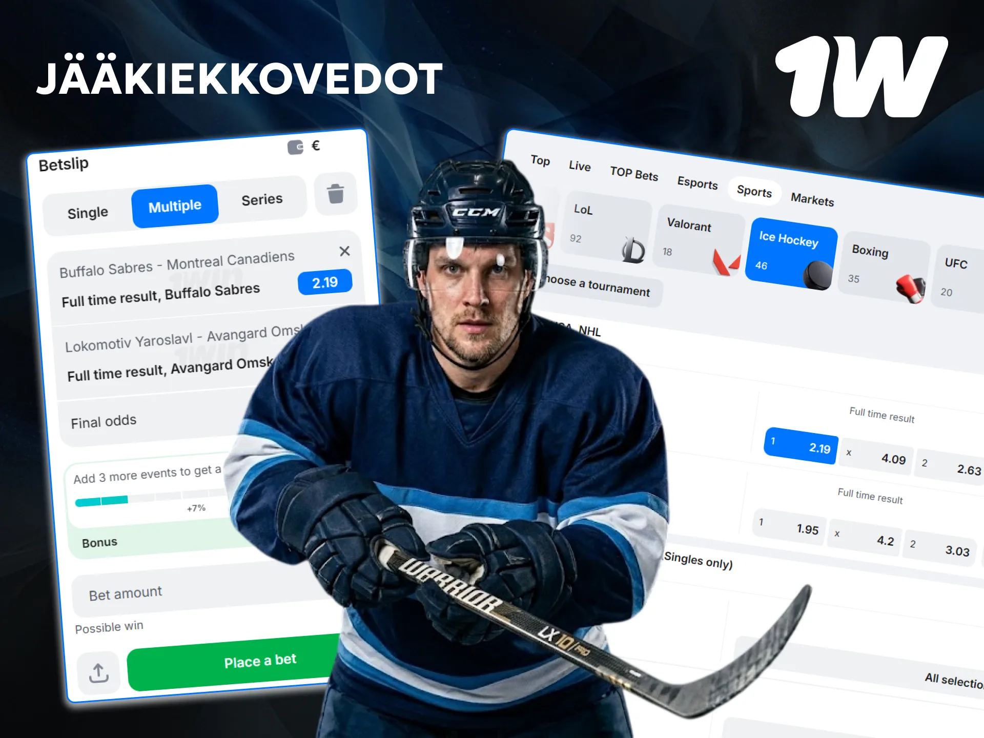 Aseta asiantuntevat jääkiekkovedot 1w:illä seuraten Liigaa, NHL:ää ja MM-kisoja.