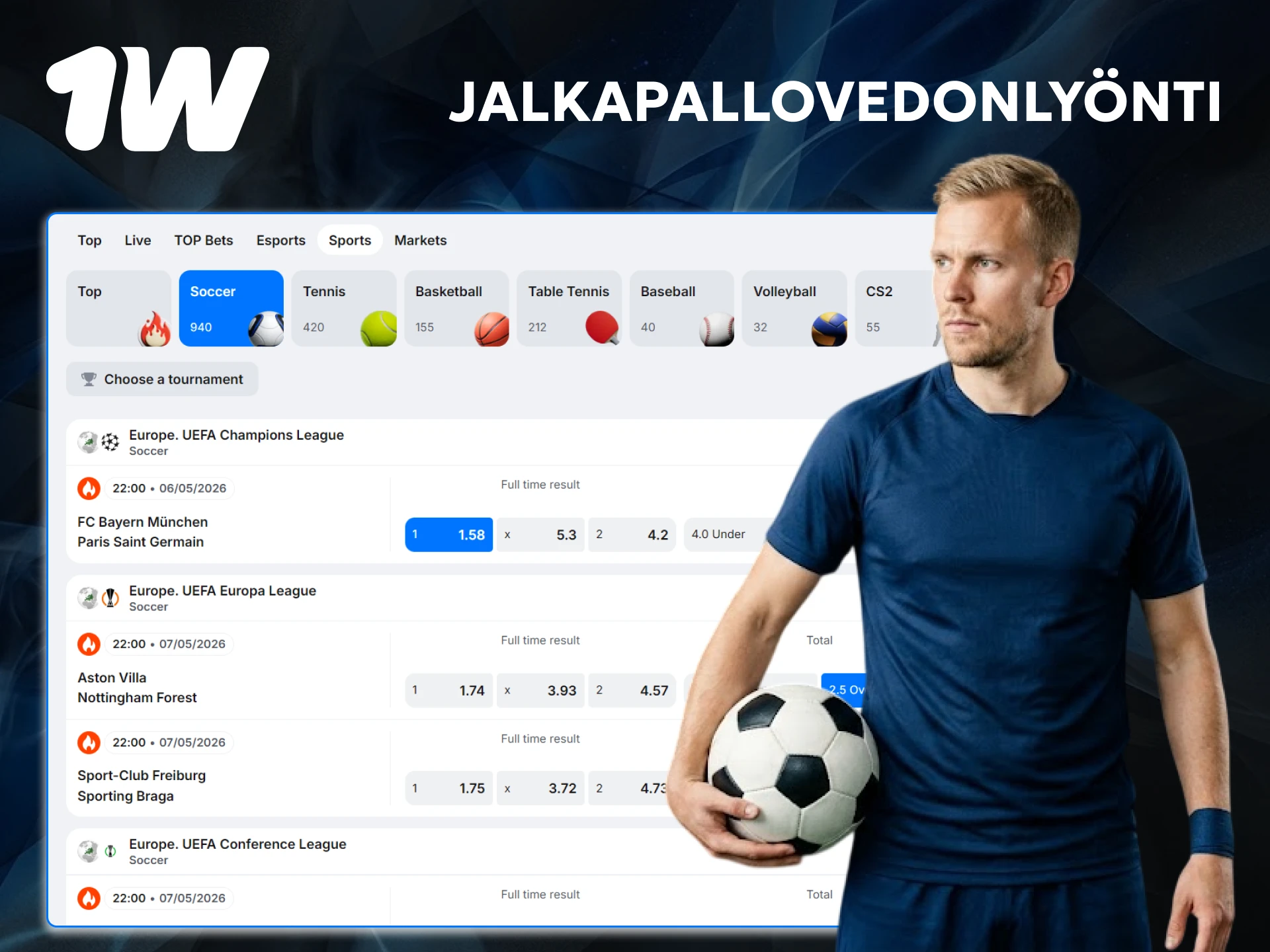 Nauti jännityksestä ja tee jalkapallovedonlyönti 1w:illä Euroopan huippusarjoihin.