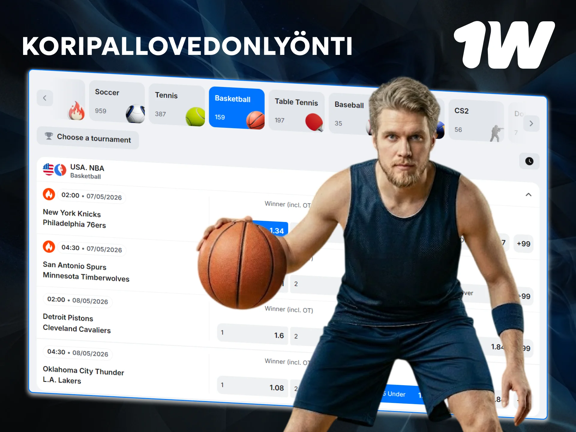 Lyö vetoa ja tee koripallovedonlyönti 1w:illä, kattaen NBA:n ja kotimaisen Korisliigan.