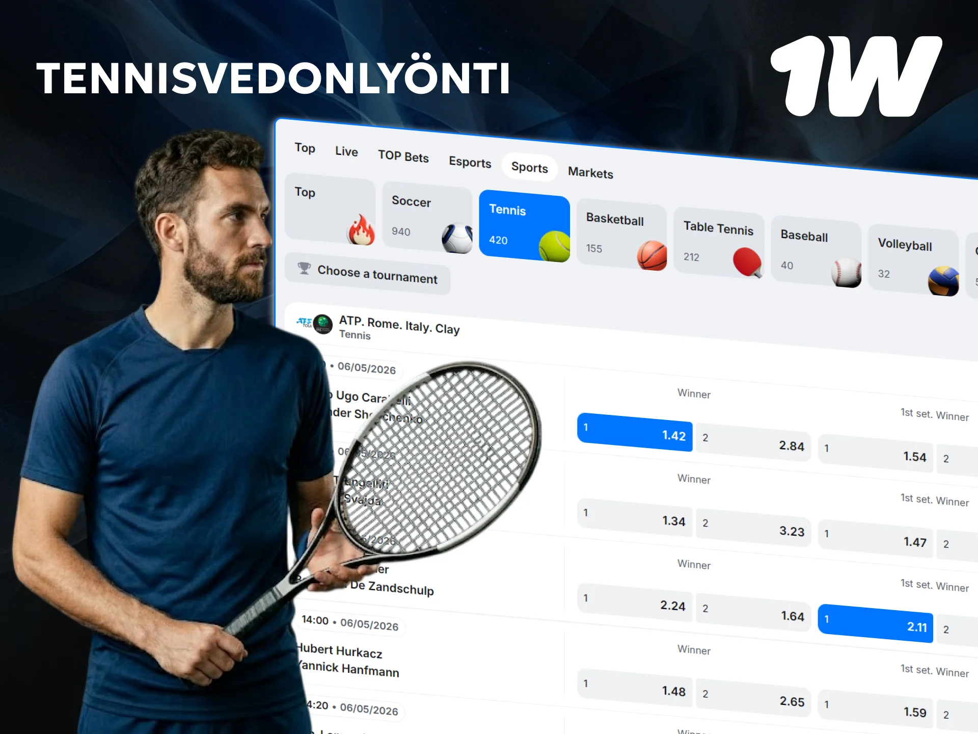 Seuraa tenniskilpailuja ja lyö tennisvetoja 1w:llä kilpailukykyisillä kertoimilla.