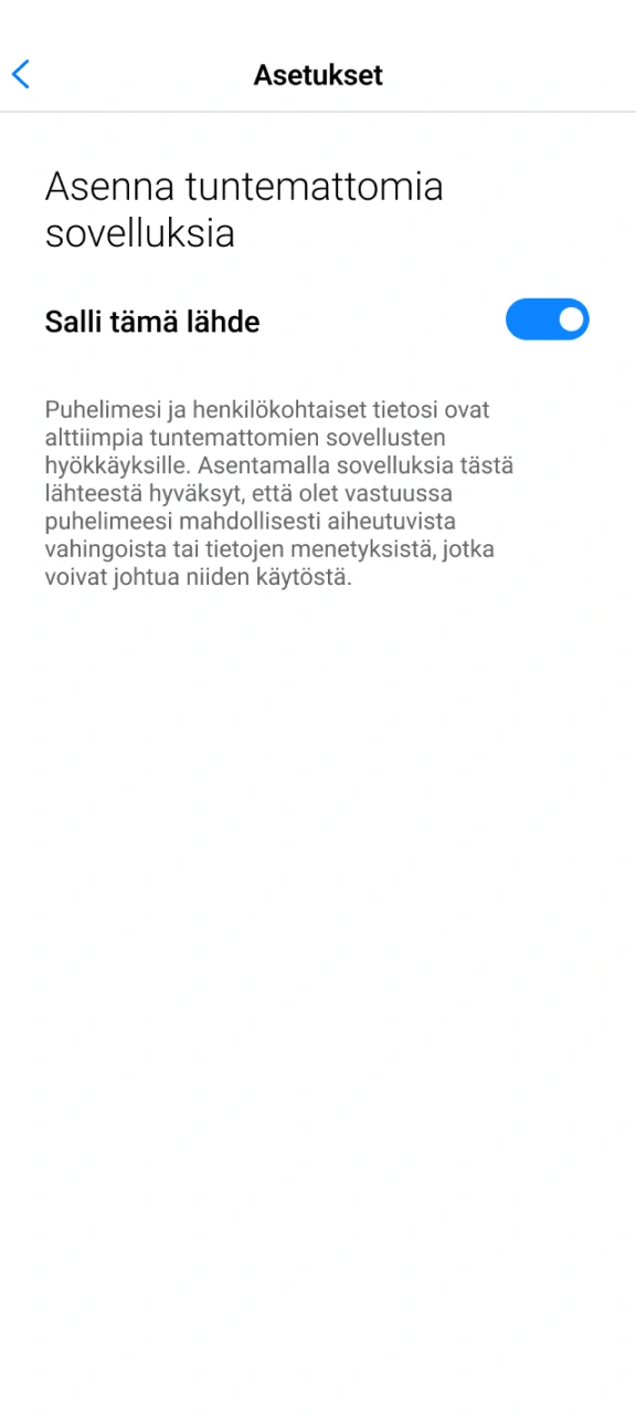 Salli asennus tuntemattomista lähteistä, jotta voit asentaa 1w-sovelluksen.