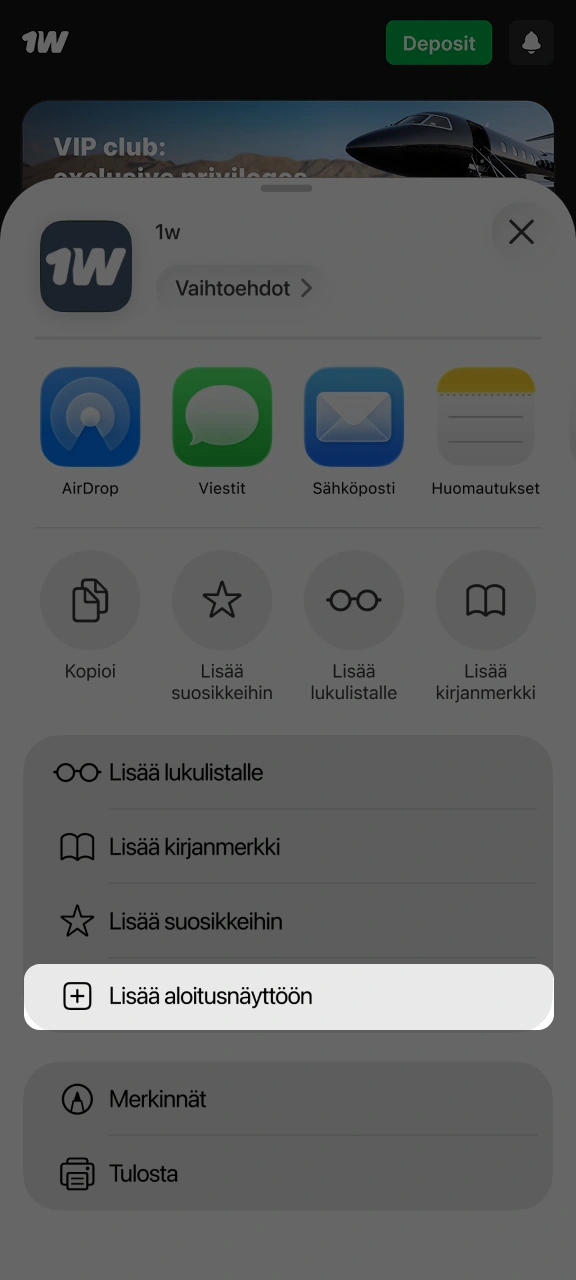 Lisää 1w-pikakuvake iOS-aloitusnäyttöön.