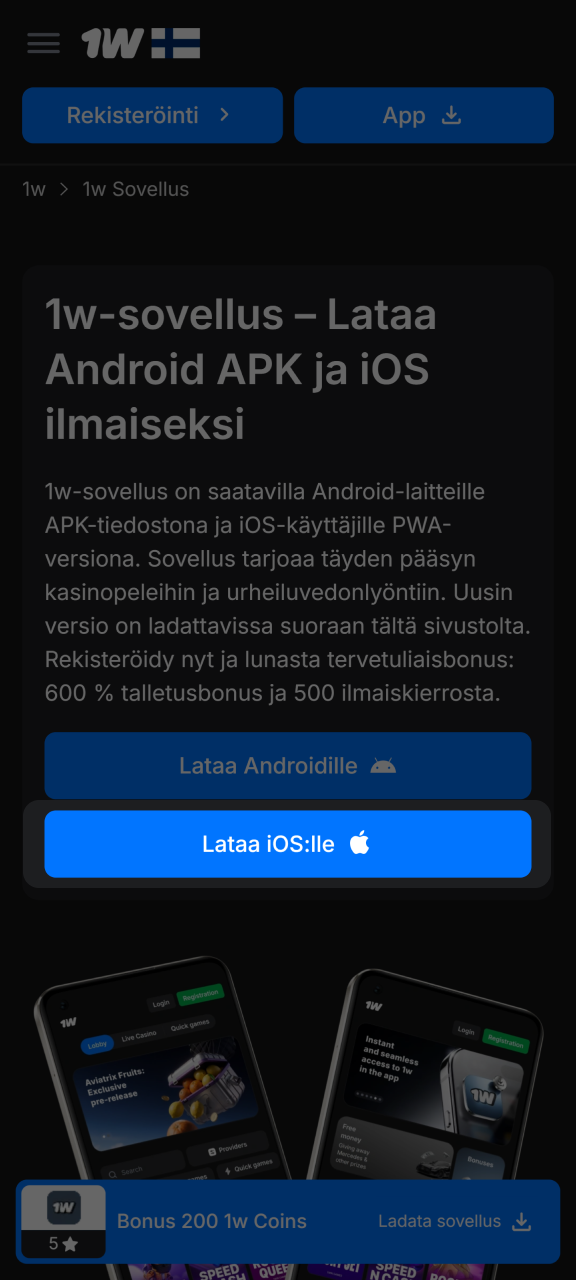 Napauta iOS-latauspainiketta ladataksesi 1w:n mobiiliversion.